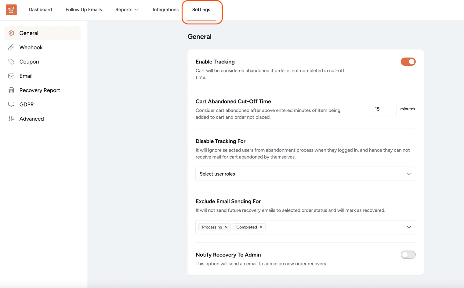 Cart abandonment recovery settings