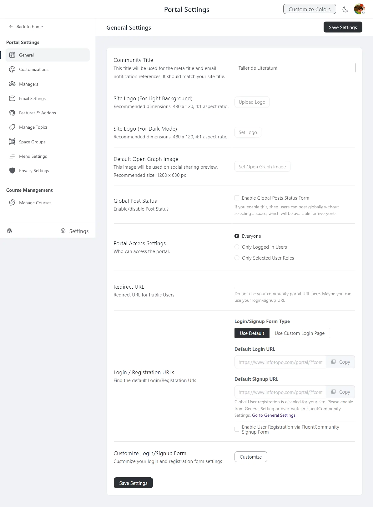 Fluentcommunity Portal Settings